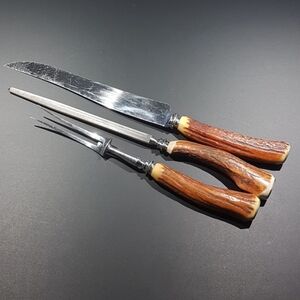 VINTAGE Gregory Bros Sheffield 3 Pc Staghorn Carving Set Real Antler Handle